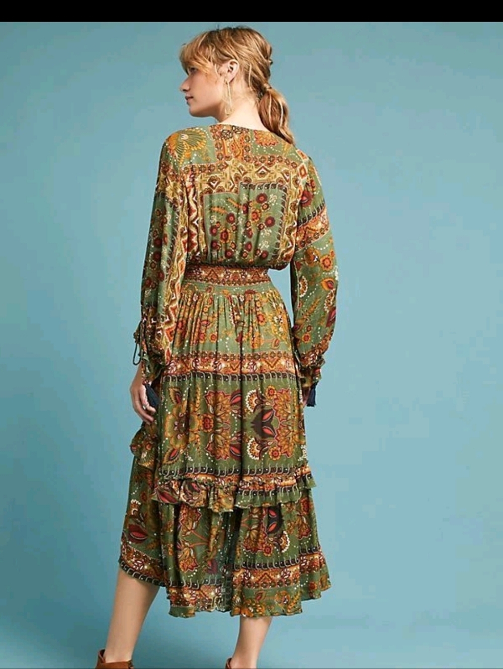 FARM Rio Olive Green Paisley Midi Dress with Rust and Mustard Accents - Picture 3 of 11